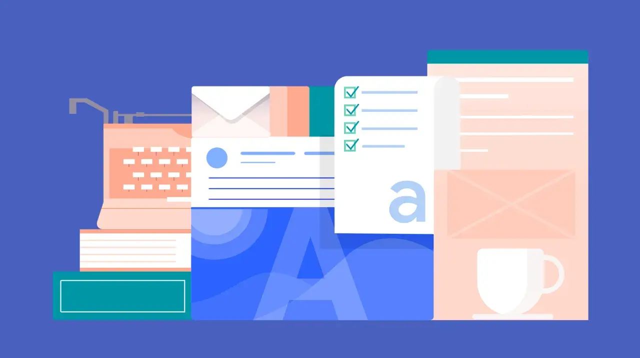 En illustration med en gammal skrivmaskin, böcker, kuvert, en checklista och en kaffekopp. Ett faktatext exempel som visar olika former av information.