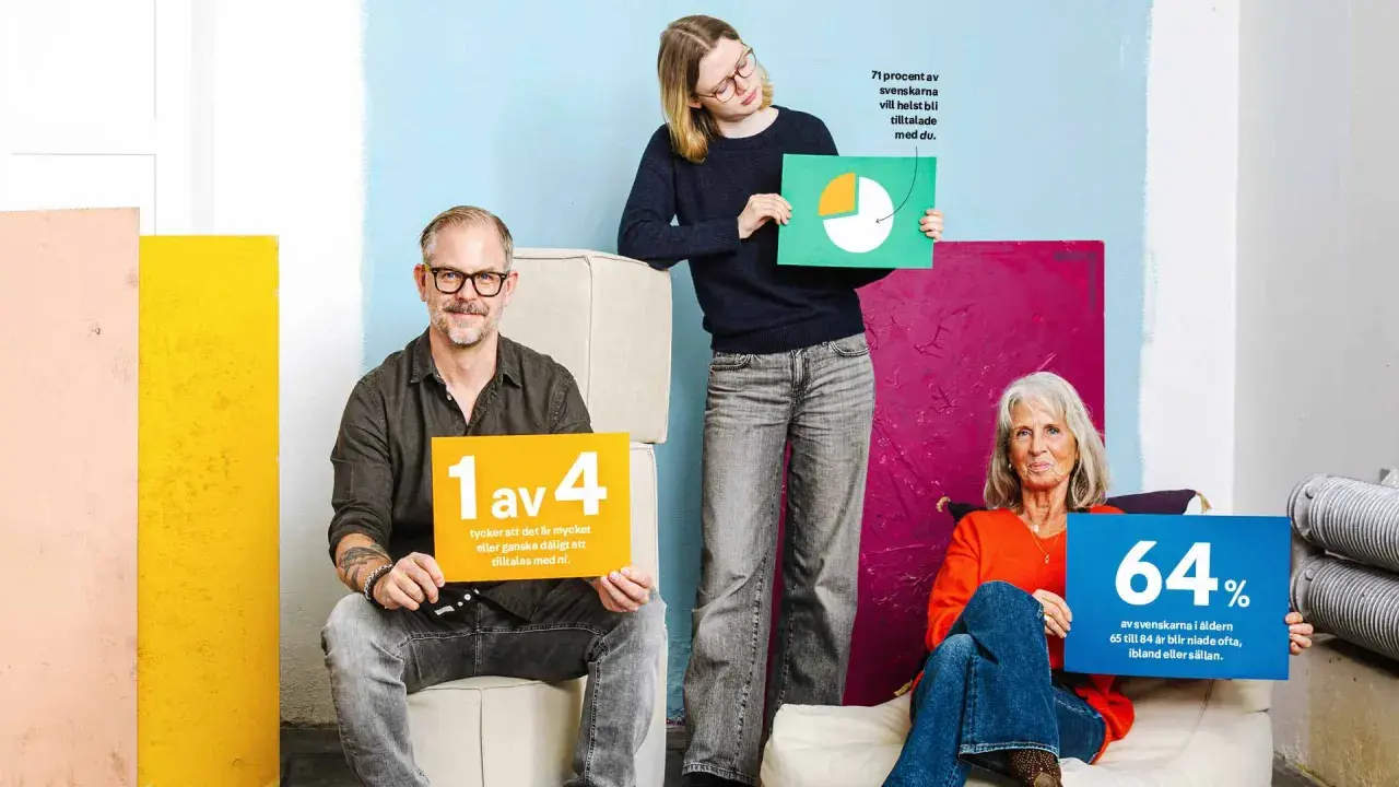 En man, en ung kvinna och en äldre kvinna håller upp skyltar med statistik. Vår undersökning visar siffror om tilltal.