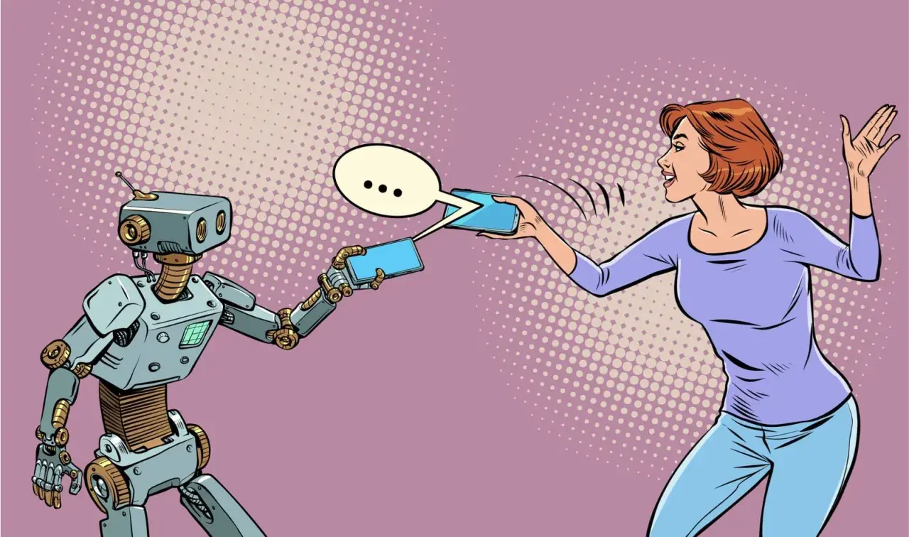 En kvinna och en robot kommunicerar via sina telefoner. De diskuterar vad a och o betyder, kanske om framtiden för AI.