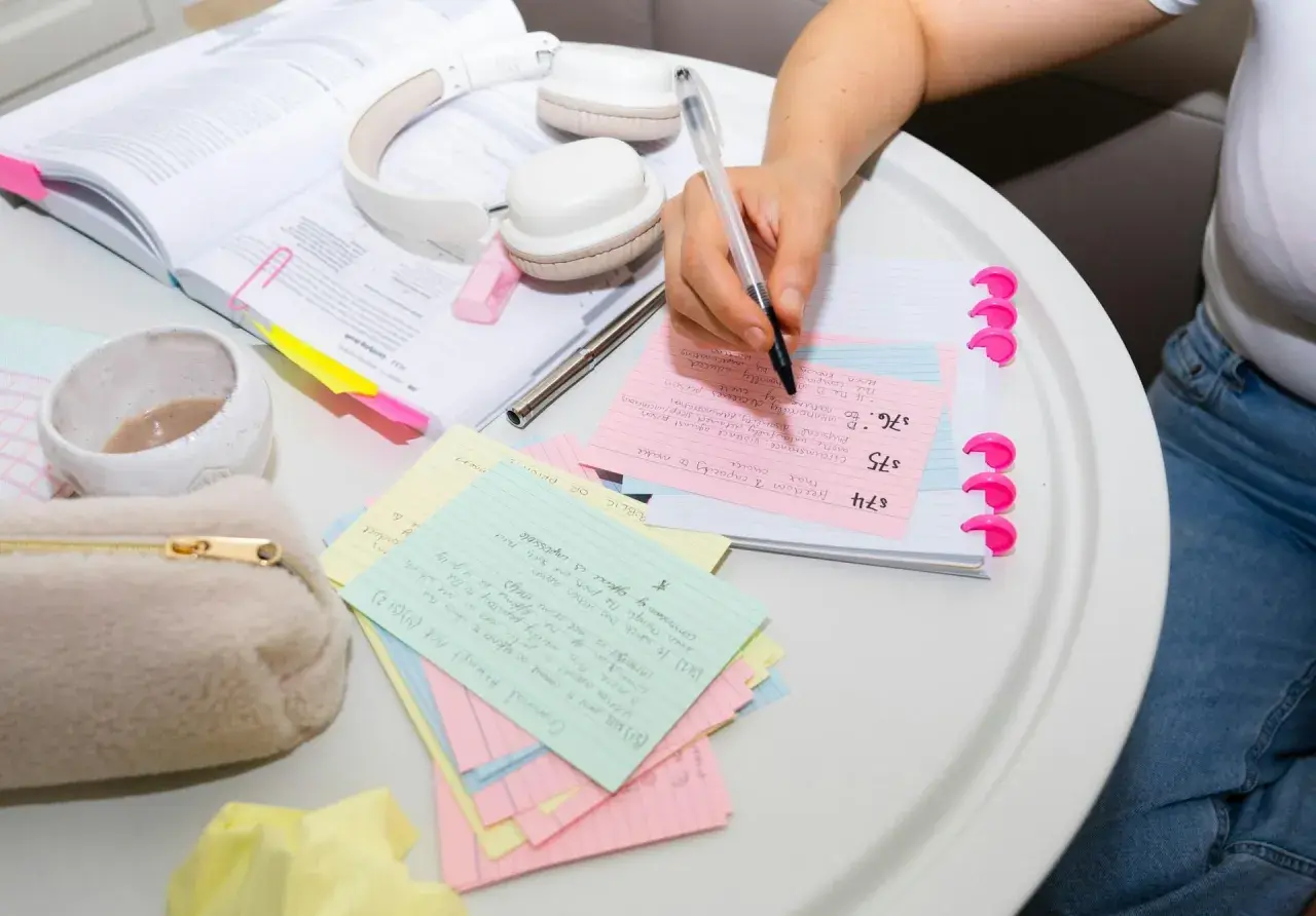 Person skriver på studieflikskort, omgiven av böcker och hörlurar. Kort med texten "dem andra" är synliga.