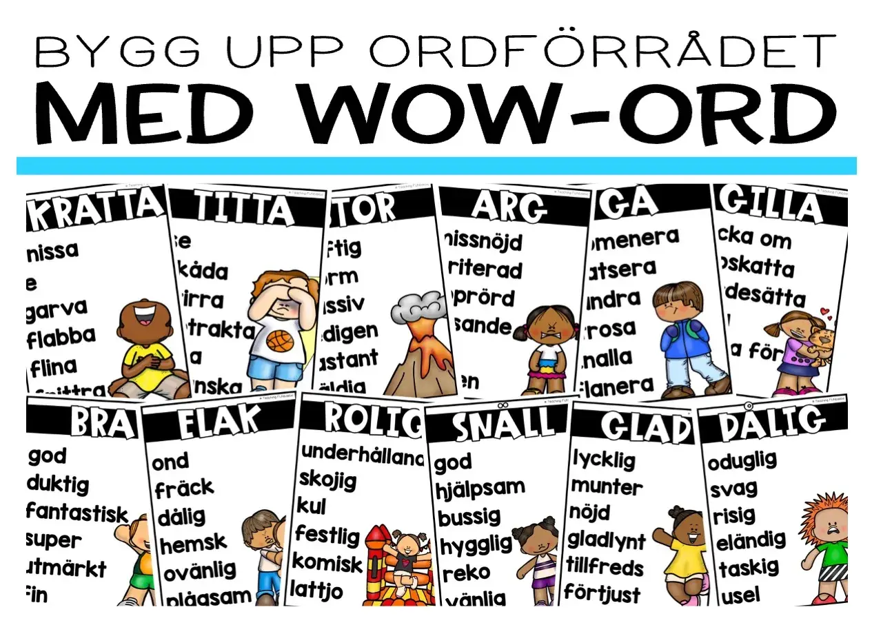 Affisch med "WOW-ORD" för att bygga ordförråd. Varje ord har synonymer och en illustration.