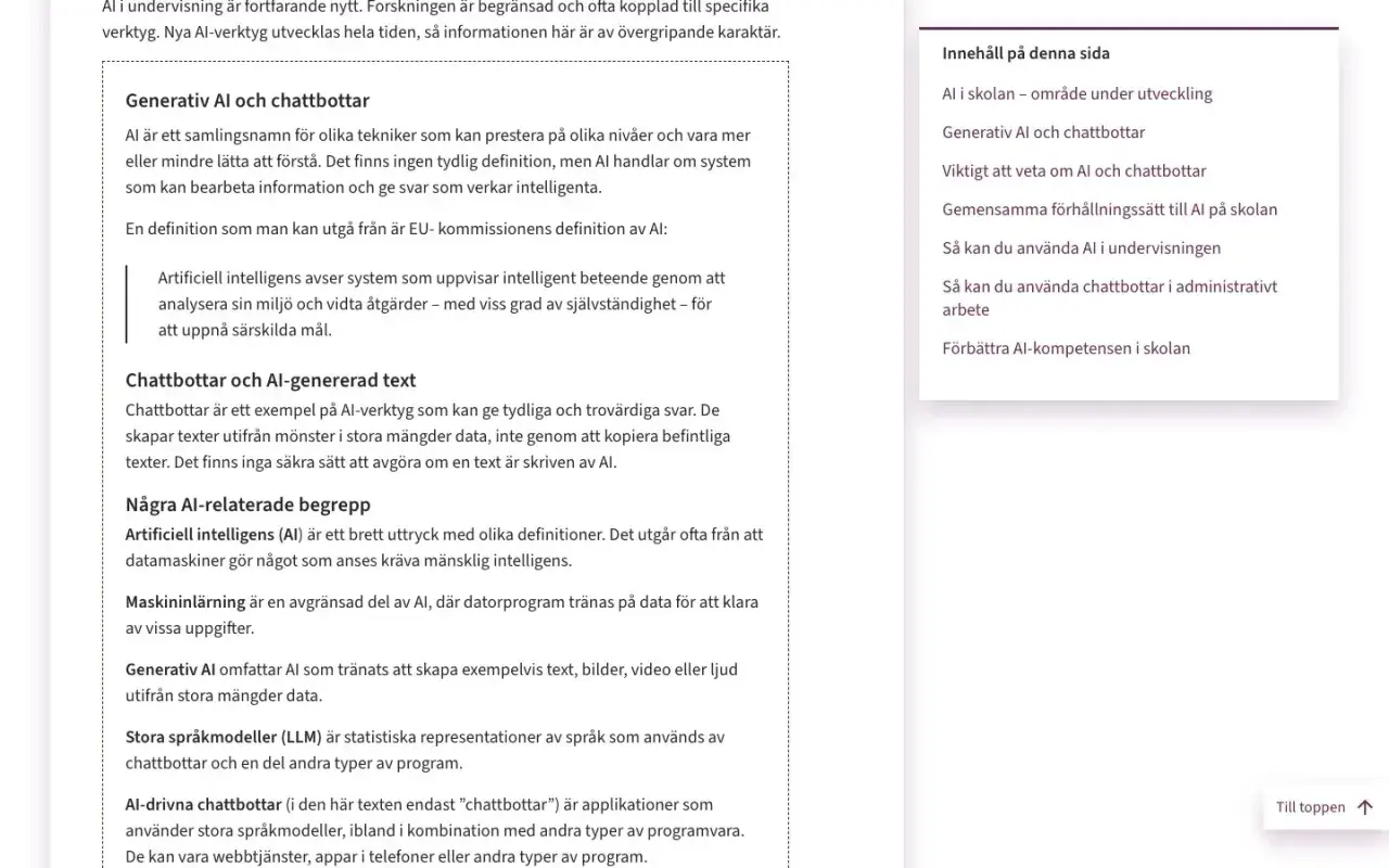 Text om generativ AI och chattbottar, med definitioner och relaterade begrepp.