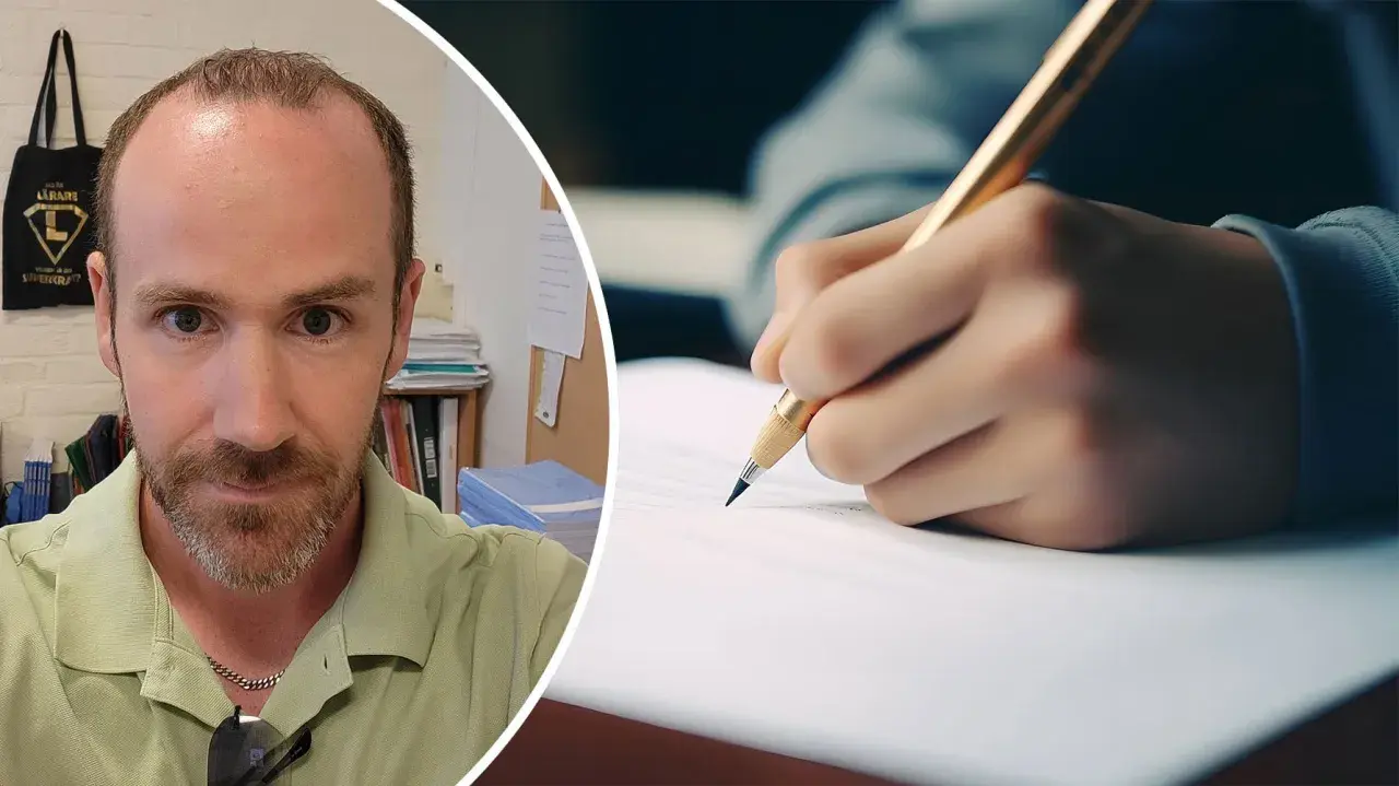 Man med skägg tittar in i kameran. Bredvid syns en hand som skriver med en penna, kanske för att öva på 100 svårstavade ord.