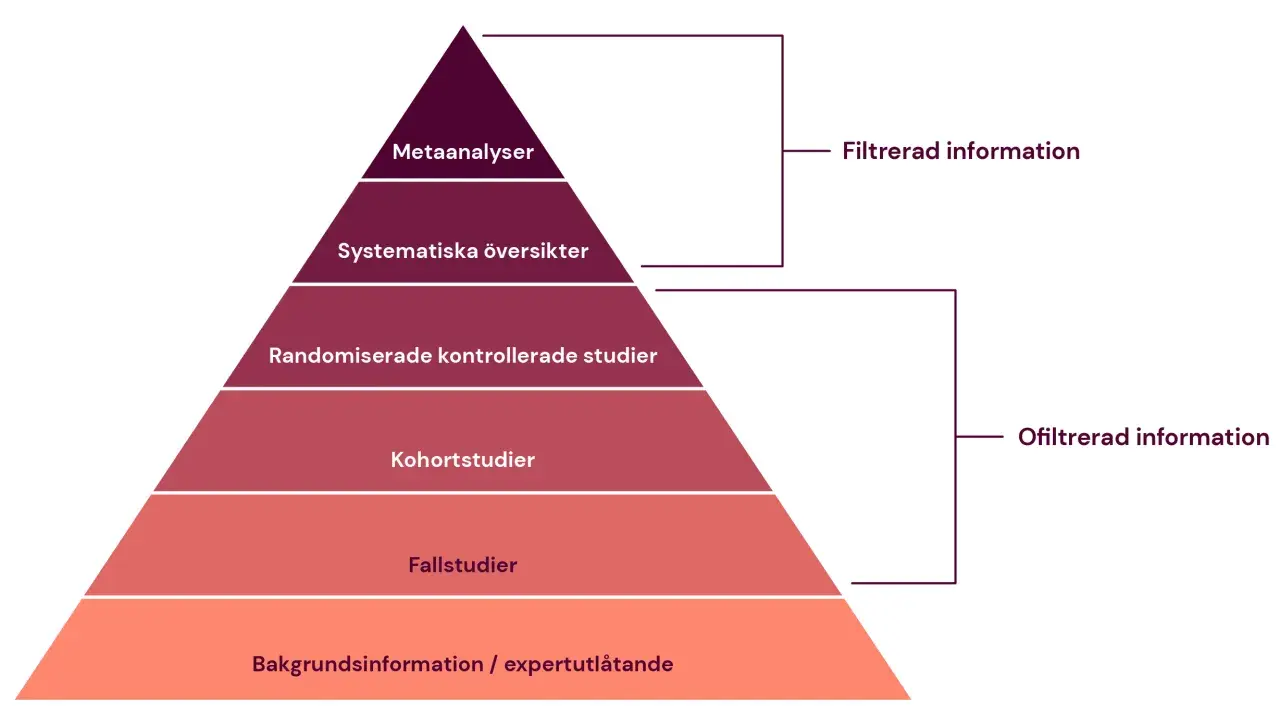 Pyramid som visar hur en artikel kan se ut, från bakgrundsinformation till metaanalyser. Överst filtrerad information, nederst ofiltrerad.