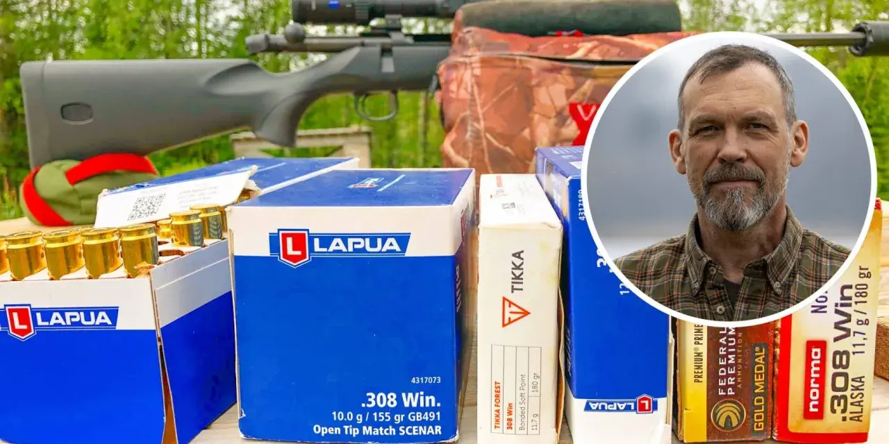 En man med skägg och rutig skjorta syns i en cirkel, **i mellan** vapen och flera lådor med ammunition från Lapua, Norma och Federal.