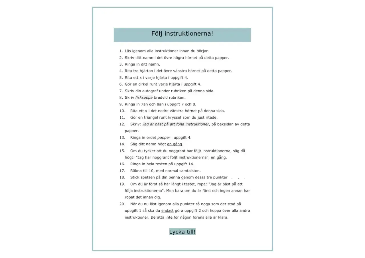 En lista med instruktioner för en uppgift, med rubriken "Följ instruktionerna!". Ett instruerande text exempel.