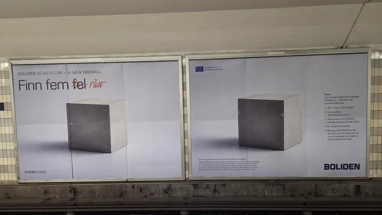Boliden visar betongblock med texten "Finn fem fel rätt". En ny cementersättning ger 95% lägre CO2-utsläpp. Vart eller blev detta en ny standard?