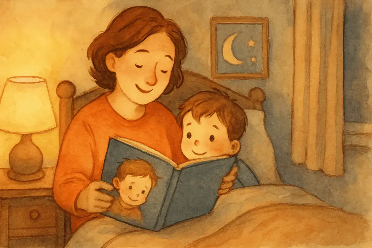 Mamma läser en bok för sitt barn i sängen. Bilden visar hur många ord kan en vuxen lära ett barn.