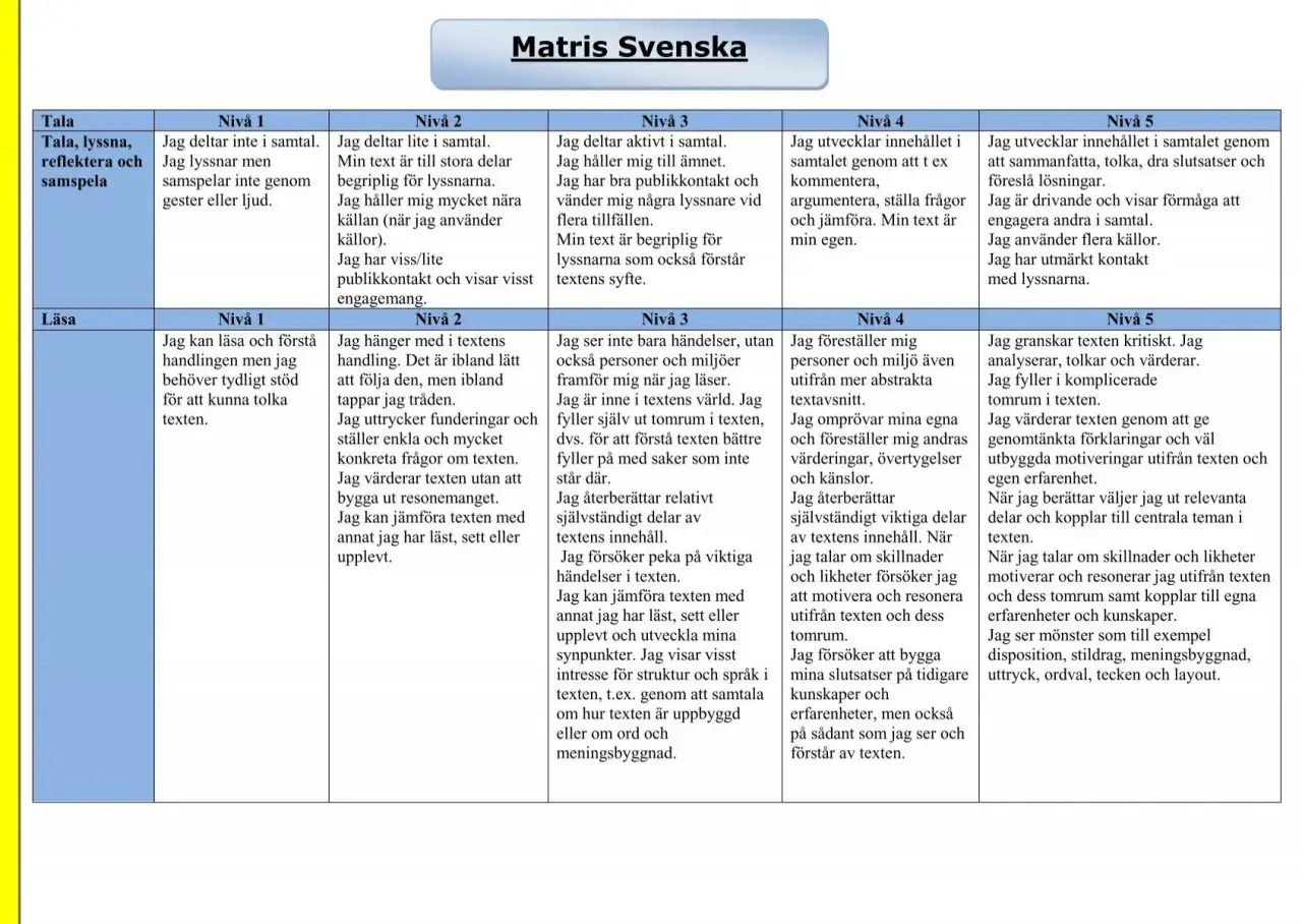 Matris med olika skrivtecken som beskriver nivåer av kommunikation och läsförståelse.