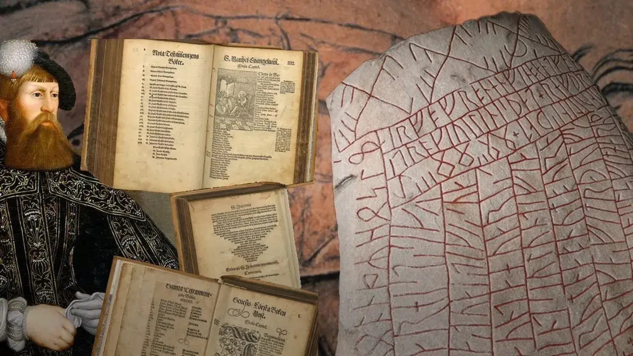 En man i historisk dräkt bredvid gamla böcker och en runsten. Bilden illustrerar hur lingvistik betyder att förstå språkets utveckling genom tiderna.