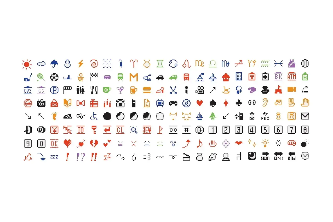 En stor samling pixelgrafik som visar olika sms-tecken och deras betydelse. Här finns symboler för väder, mat, djur, stjärntecken och mycket mer.