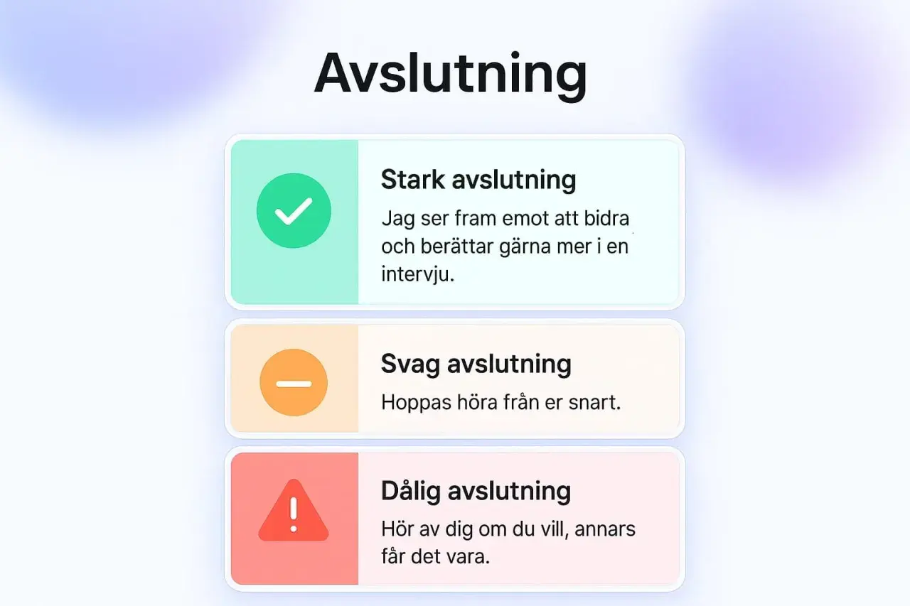 Bilden visar hur man avslutar ett referat med tre alternativ: stark, svag och dålig avslutning. En stark avslutning är positiv och visar intresse.