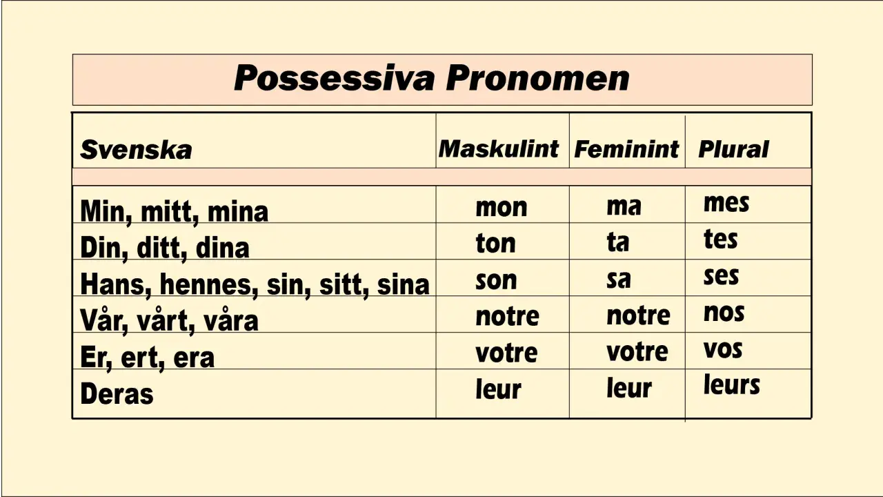 Tabell över possessiva pronomen på svenska, med former för maskulinum, femininum och plural. Här ser vi "Er, ert, era" som motsvarar "votre" och "vos".