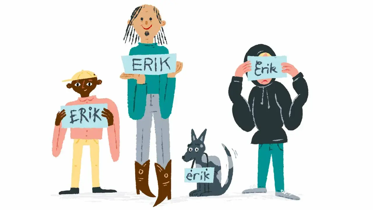 En grupp med flera personer och en hund, alla håller upp skyltar med namnet "Erik". En rolig samling av Erik-schema plural.