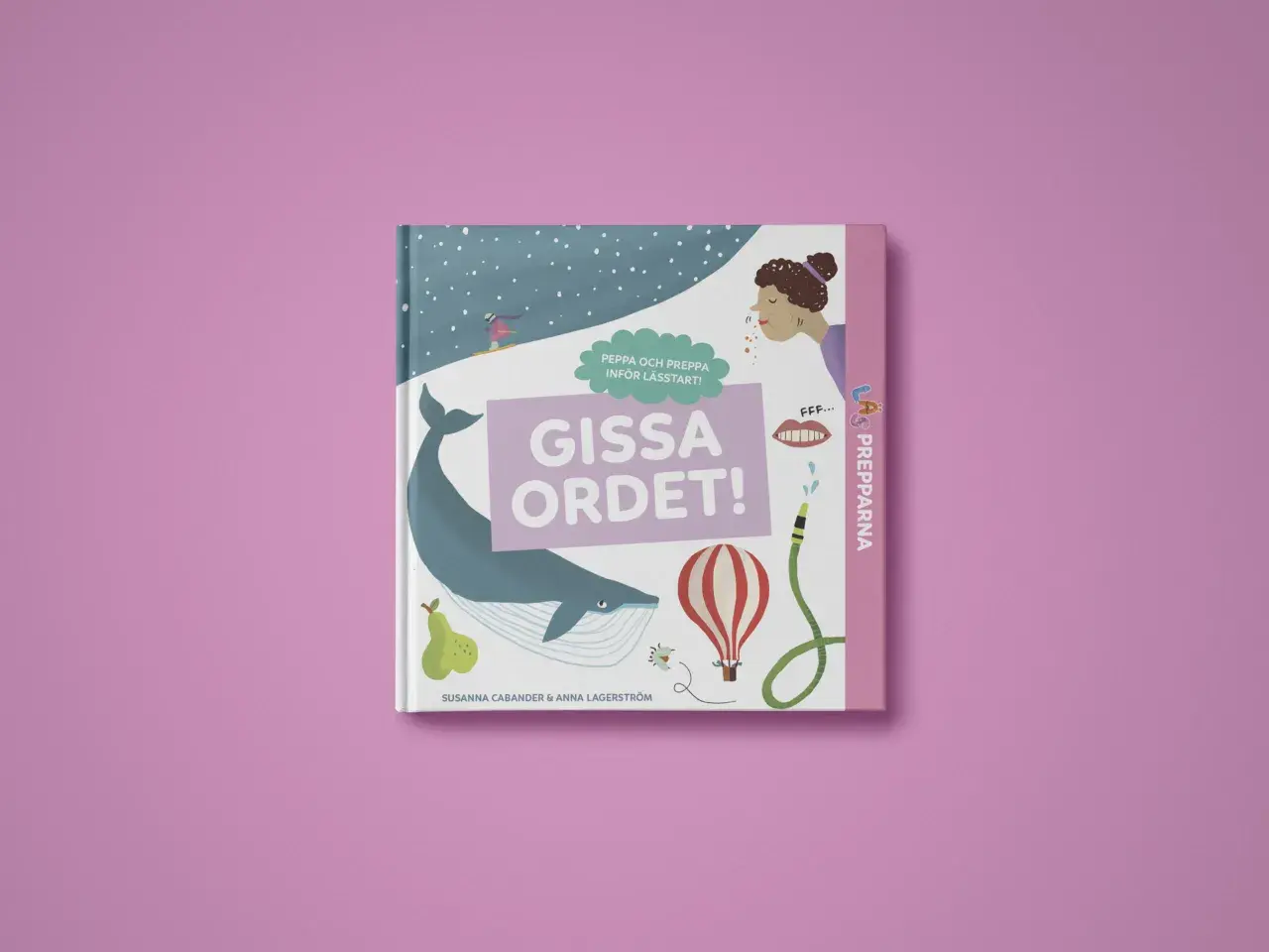 Barnbok "Gissa ordet!" med illustrationer av en val, luftballong och en person som nyser. Perfekt för att lära sig nya ord, ett riktigt galej betyder!