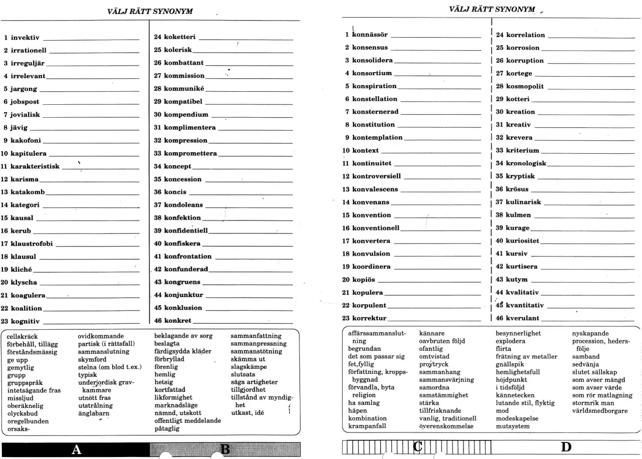 Här finns en lista med ord och deras synonymer. Sök efter ord som har **kongruens grammatik** för att hitta rätt svar.