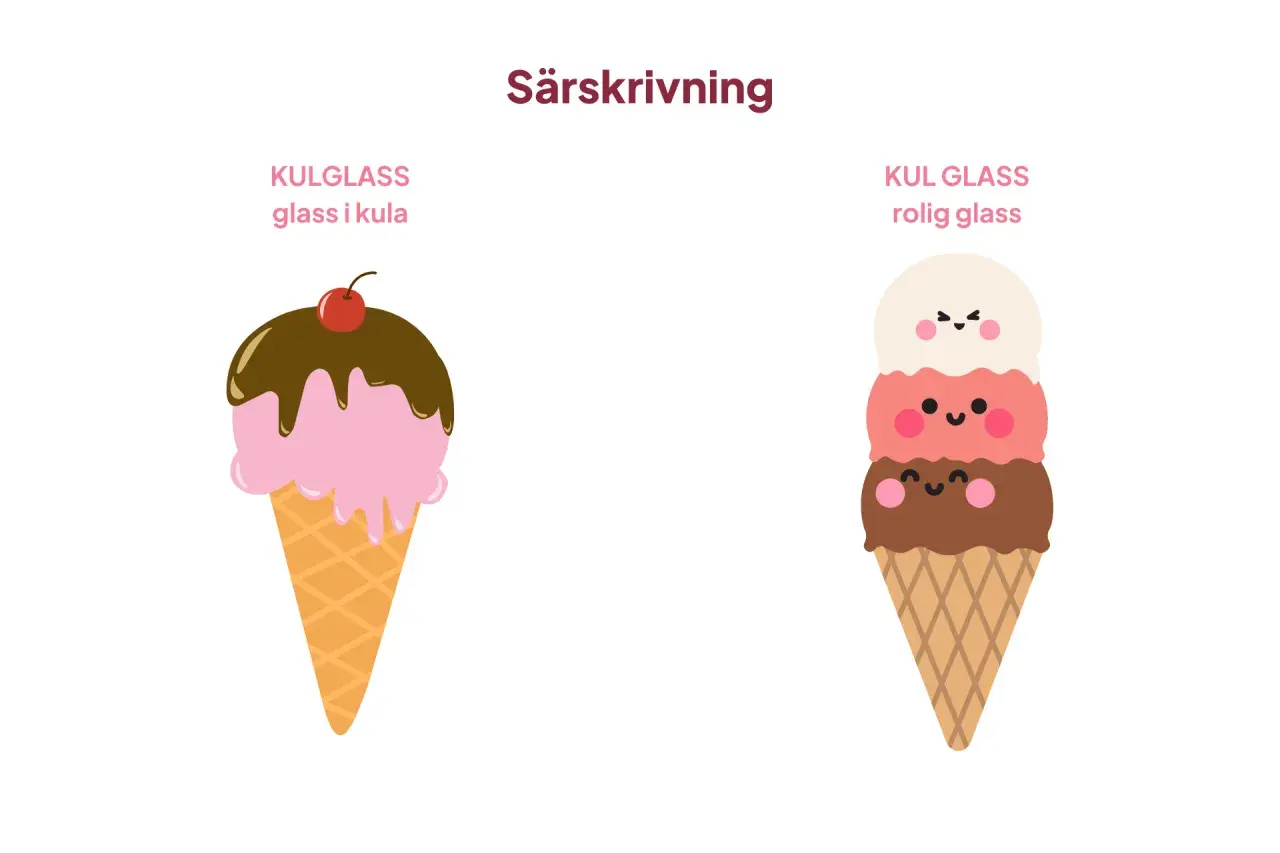 Två glassar i strut. En rosa kulglass med chokladsås och körsbär. En annan glass med tre färgglada kulor och ansikten.