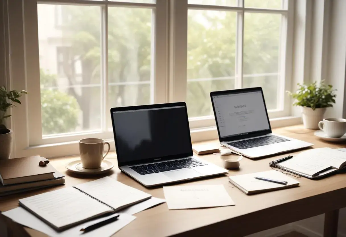 Två laptops, en kaffekopp och anteckningsblock på ett skrivbord. Känns det igen? Detsamma eller det samma, en perfekt arbetsplats för studier eller jobb.