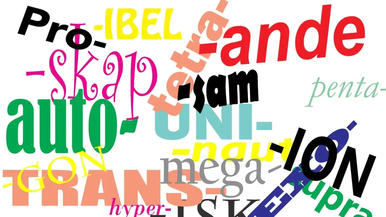 Färgglada bokstäver och ord som "auto", "skapare", "mega" och "jon" bildar en visuell lek, där varje del av ord är en egen konstnärlig enhet.