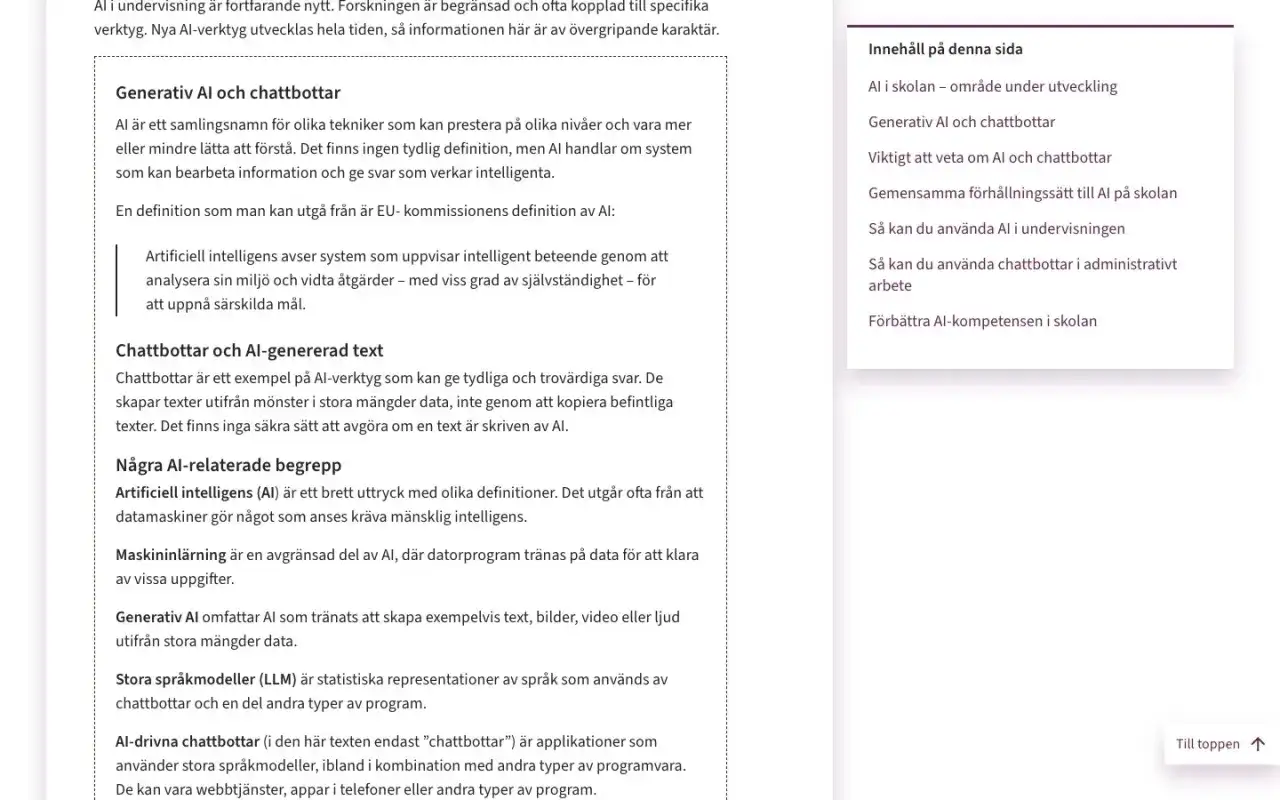 Text om generativ AI och chattbottar, med definitioner och relaterade begrepp.