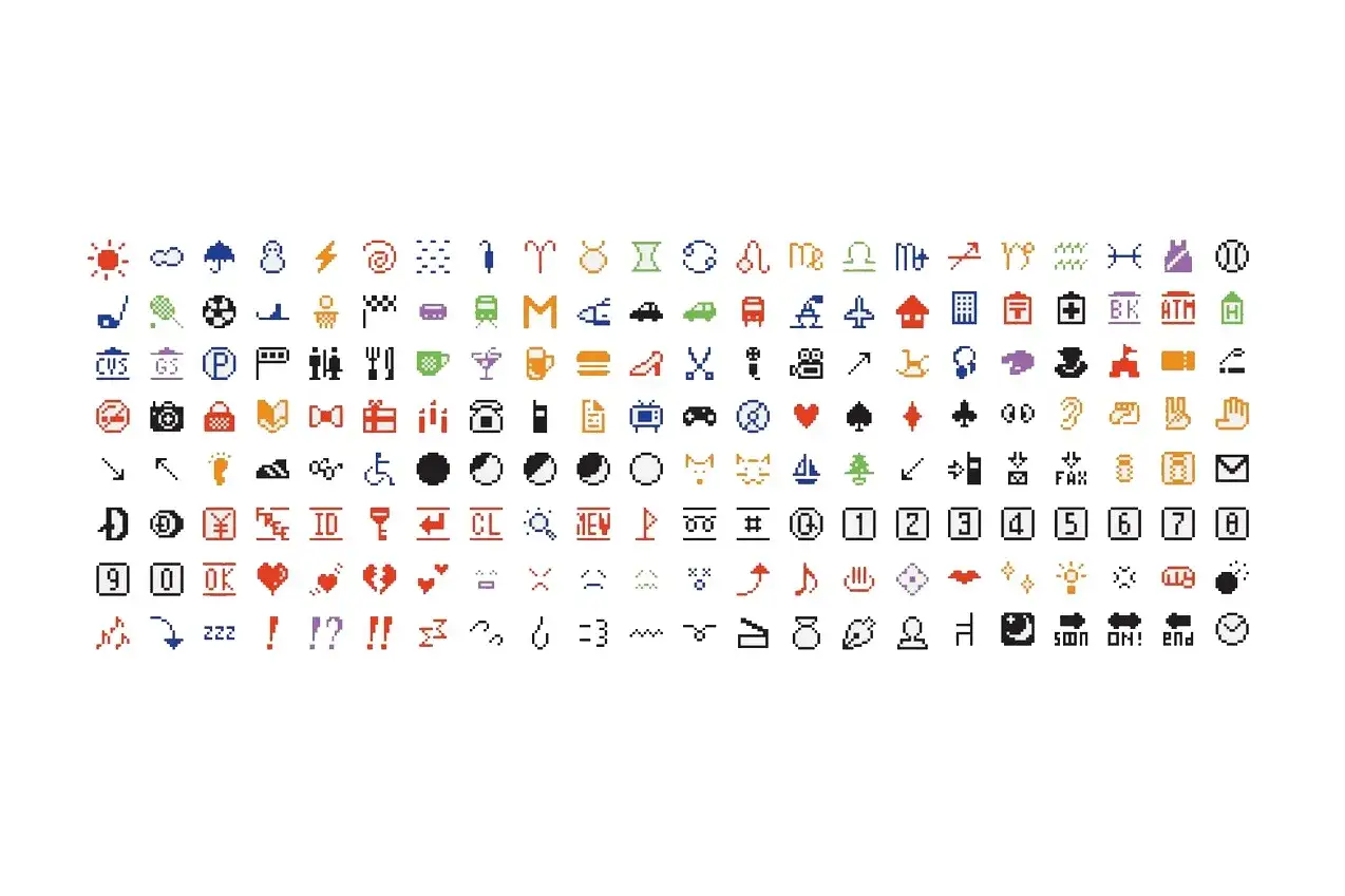 En samling pixelgrafik som visar olika symboler och ikoner. H&auml;r finns allt fr&aring;n v&auml;der och djur till siffror och tecken, som kan anv&auml;ndas f&ouml;r att ge sms tecken betydelse.