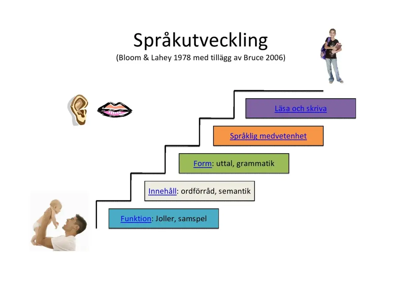 En trappa visar språkutveckling från joller till läsa/skriva. Ett subjektivt exempel på hur barn utvecklar sitt språk.