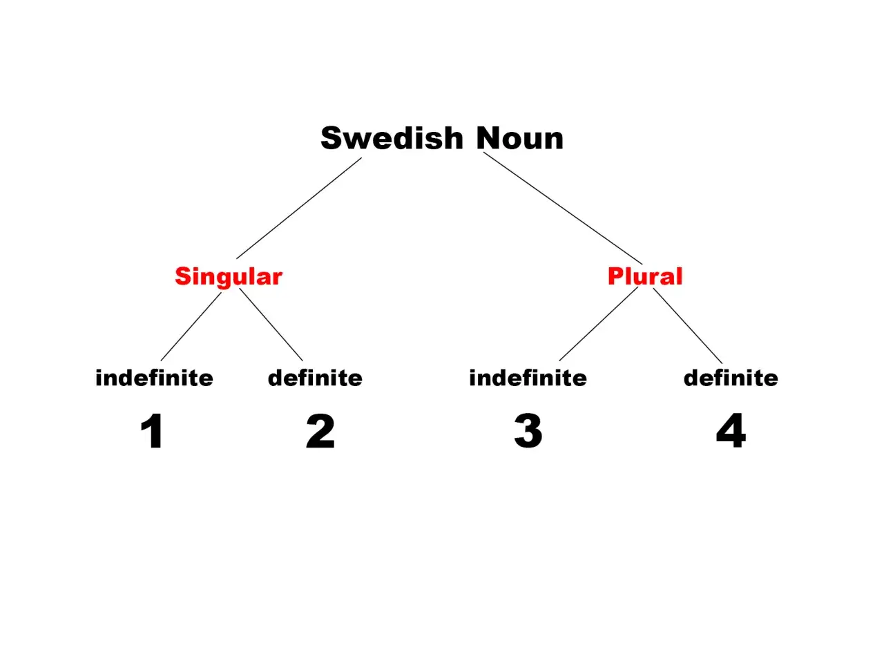 Diagram &ouml;ver svenska substantiv: singular (obest&auml;md/best&auml;md) och plural (obest&auml;md/best&auml;md).