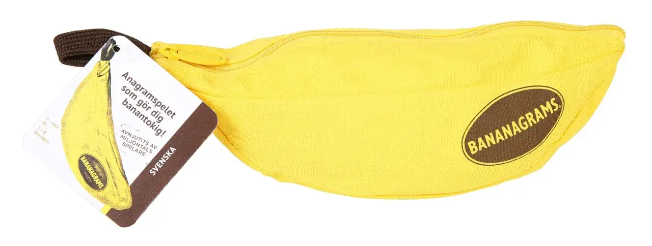 Gul bananformad väska för spelet Bananagrams, perfekt för att bilda ord och ha kul med familjen.
