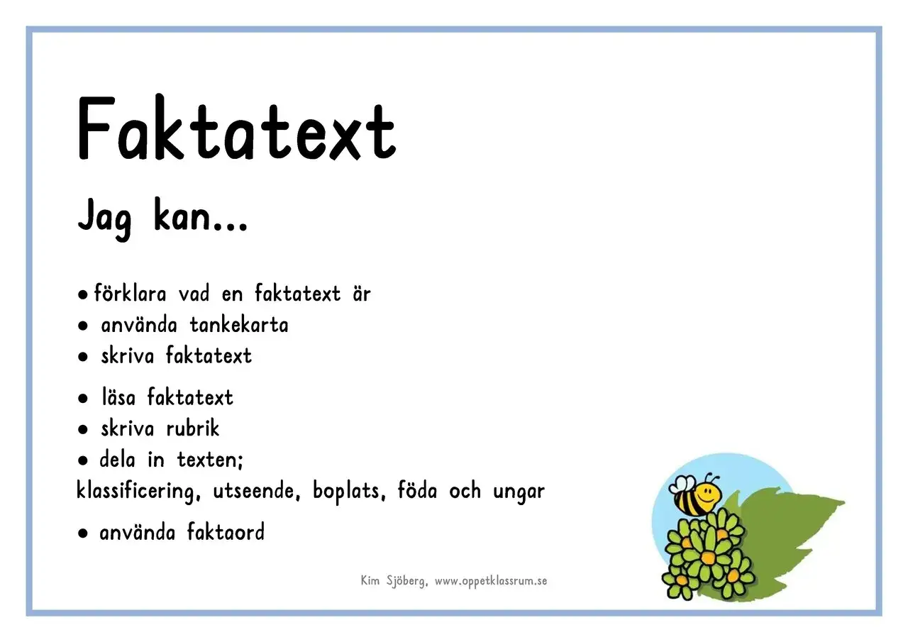 En mall f&ouml;r att skriva faktatext. L&auml;r dig f&ouml;rklara, anv&auml;nda tankekarta, l&auml;sa, skriva rubriker och faktaord.