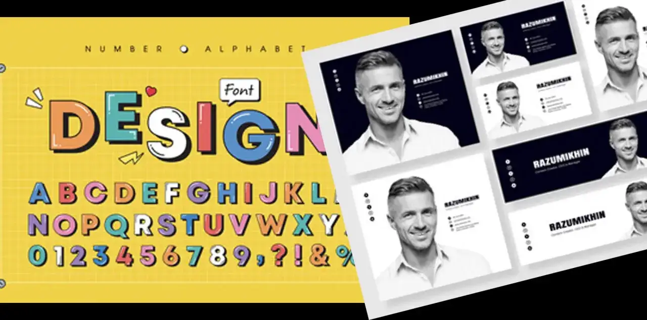 F&auml;rgglad text med bokst&auml;ver och siffror. Snygg text som visar designelement och visitkort med en man.