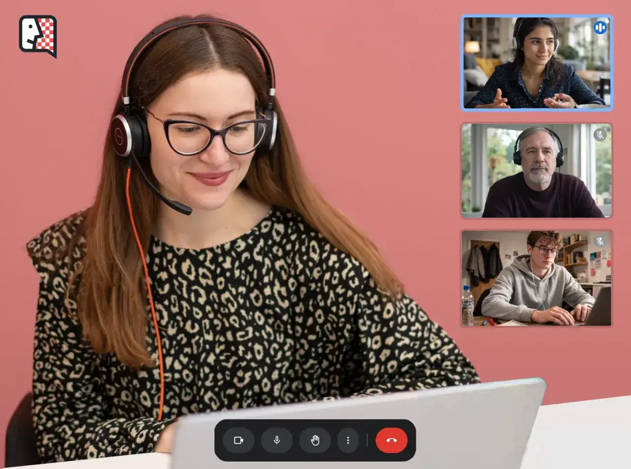 En kvinna med headset deltar i ett videosamtal med tre andra personer. Hon verkar artig när hon lyssnar.