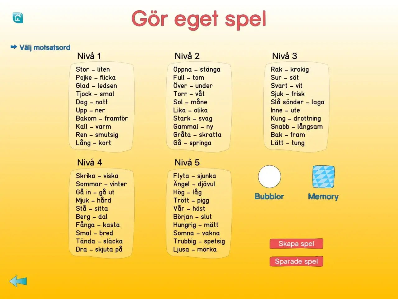 Spel f&ouml;r att l&auml;ra sig antonym svenska. Listor med ordpar som motsatser, uppdelade i niv&aring;er.