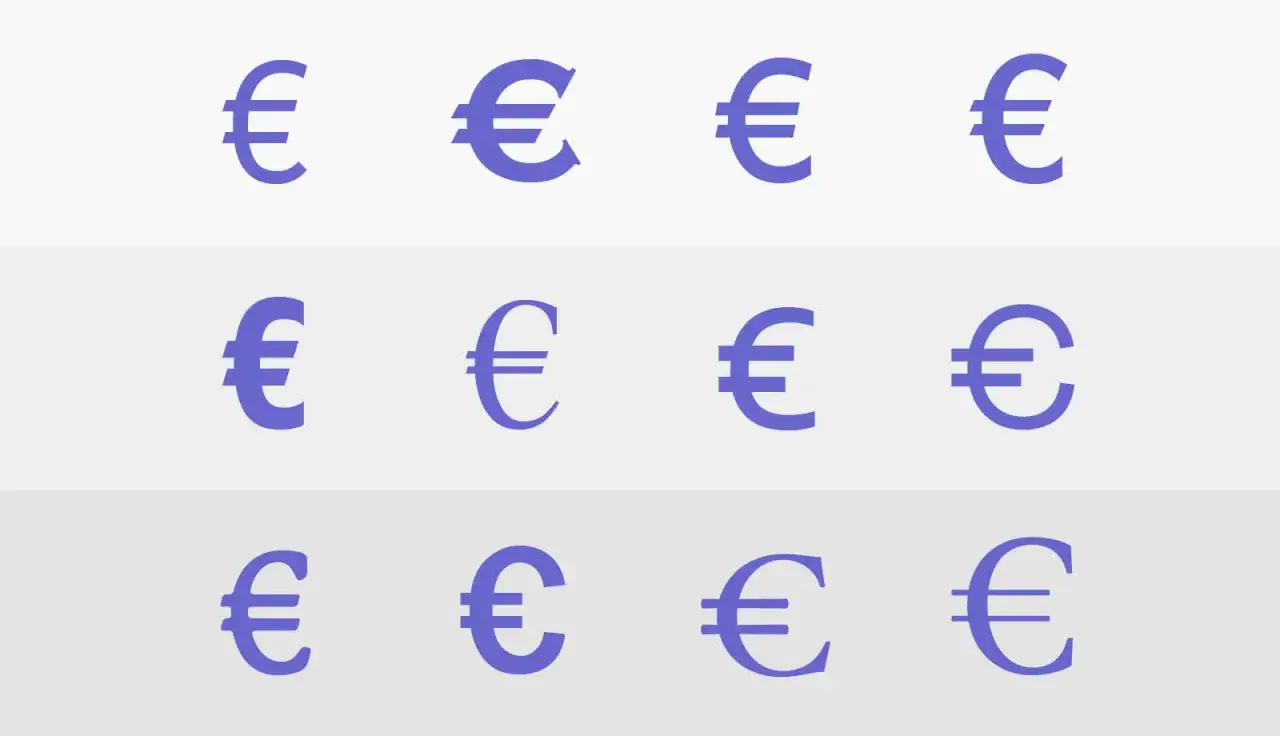 Tolv lila eurosymboler arrangerade i tre rader. En symbol f&ouml;r evro eller euro.