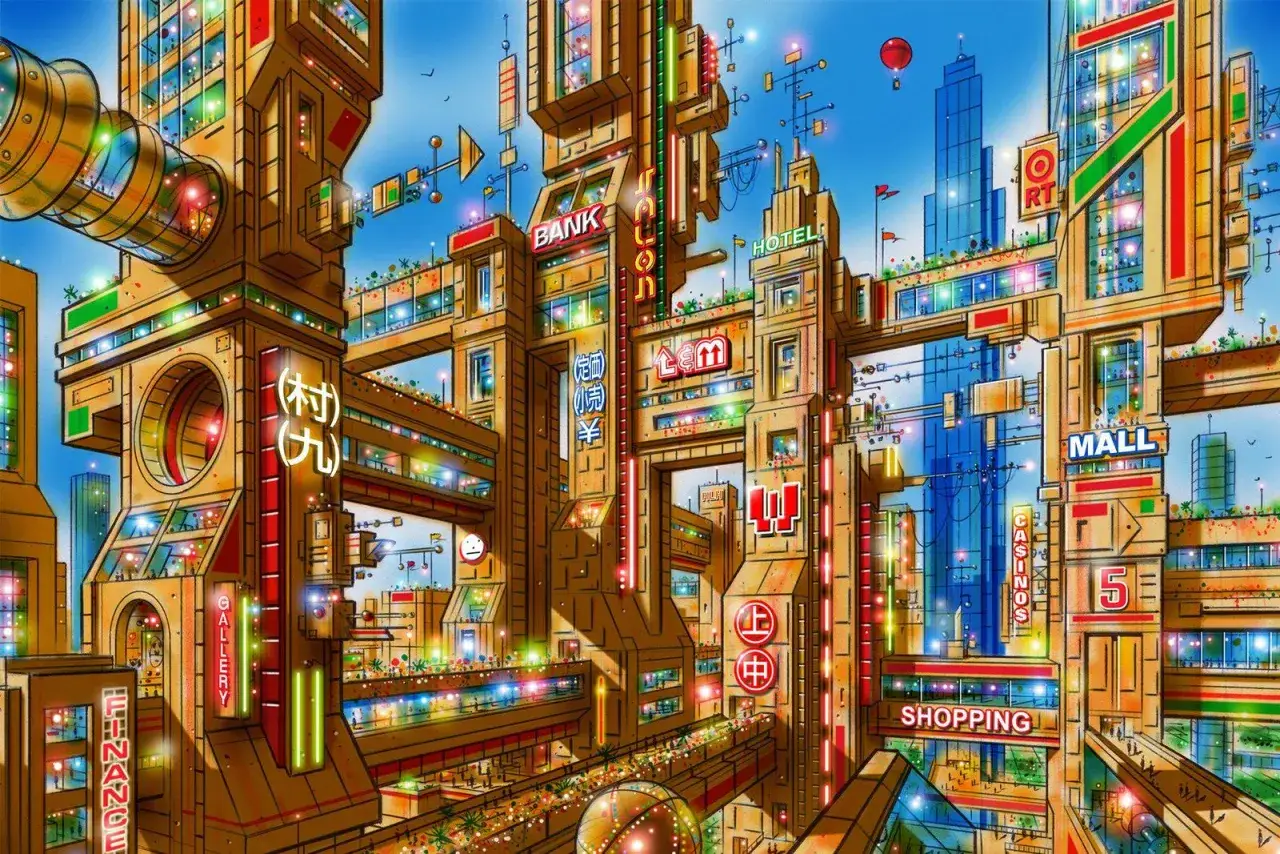 En neonupply stad med h&ouml;ga byggnader, skyltar f&ouml;r BANK, MALL, CASINOS och SHOPPING. En k&auml;nsla av en dystopisk framtid d&auml;r allt &auml;r kommersialiserat.