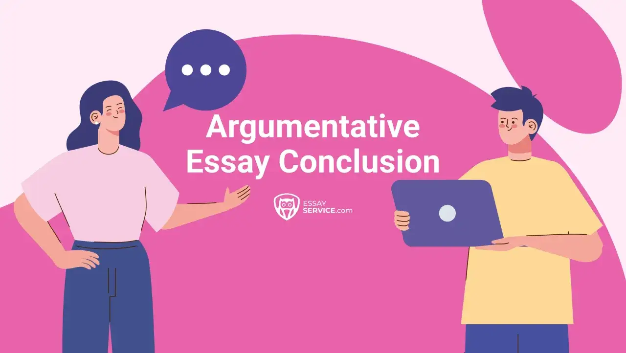 En kvinna och en man diskuterar hur avslutar man en argumenterande text. Texten 