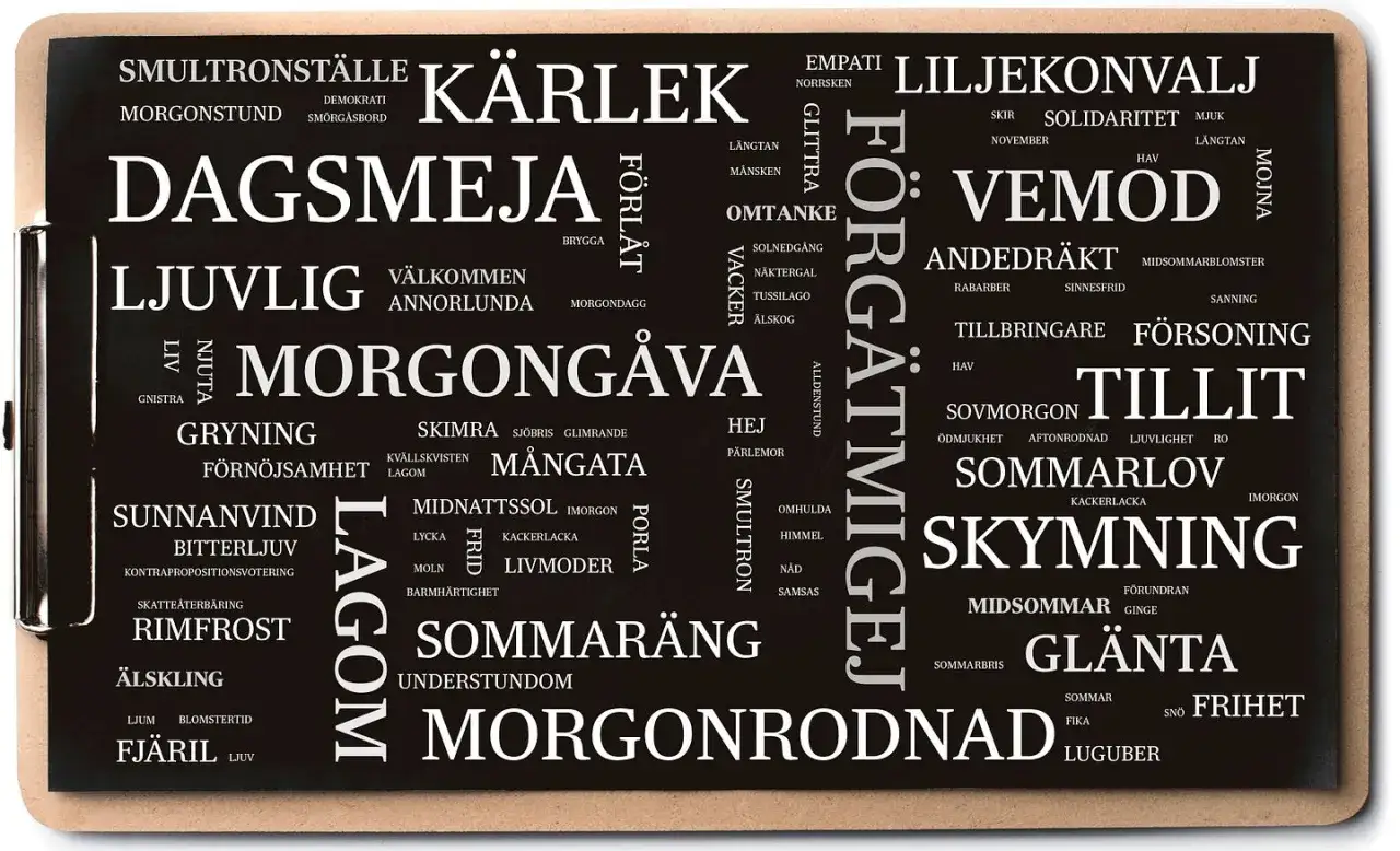 En tavla med svenska ord som 
