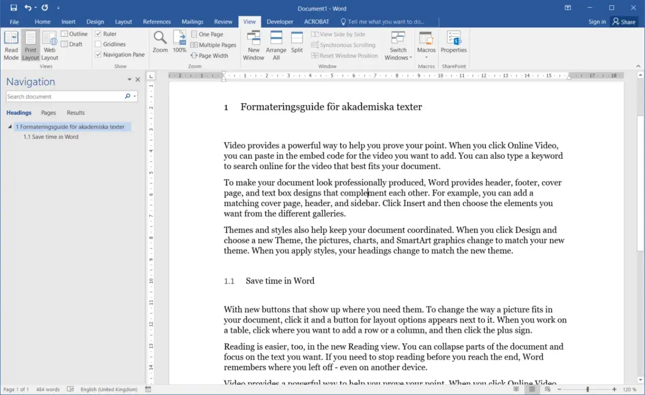 I en Word-fil visas en guide f&ouml;r akademiska texter. Vad betyder slutsats? Texten beskriver hur man sparar tid i Word.