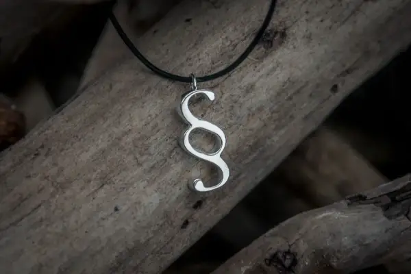 Ett silverhalsband med ett paragraf tecken hänger över en trädstam.