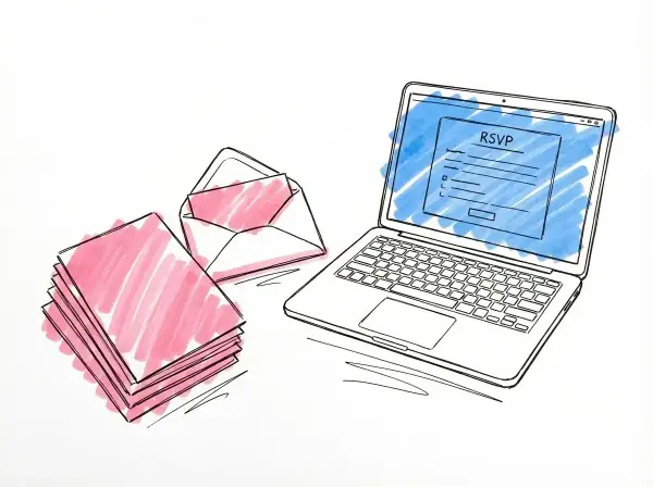 En laptop visar ett formulär för att svara på en inbjudan, bredvid en hög med papper och ett öppet kuvert. Lär dig hur man skriver osa digitalt.