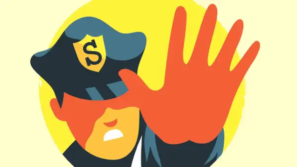 En polis med en sköld med ett S på hatten stoppar dig med en hand. Vänta till dess eller tills dess.