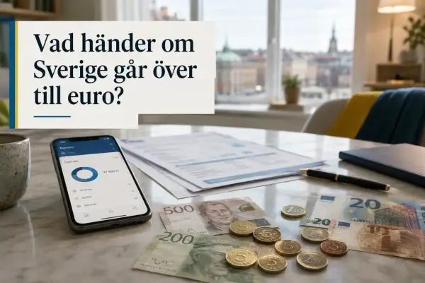 Svenska sedlar och mynt, en mobil med ekonomi-app och texten "Vad händer om Sverige går över till euro?". En diskussion om evro eller euro.