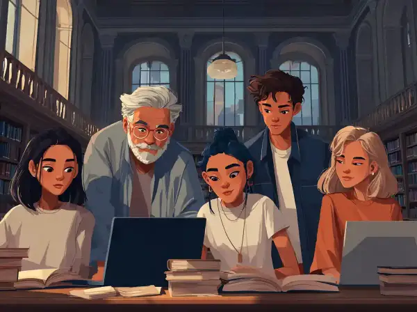 En grupp studenter och en äldre man studerar tillsammans vid en laptop i ett bibliotek. Exempel på substantiv: studenter, man, laptop, bibliotek.