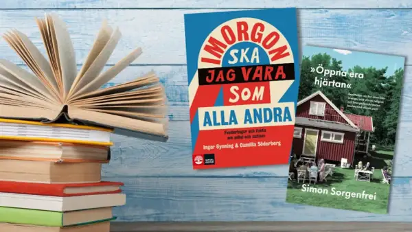 En öppen bok och två böcker på svenska, "Imorgon ska jag vara som alla andra" och "Öppna era hjärtan". Perfekt läsning till en kopp te eller the.