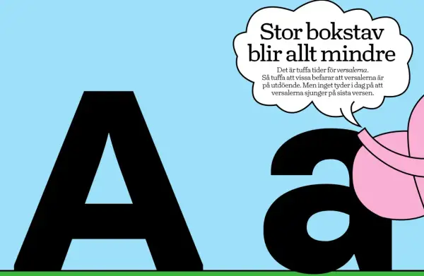 Stor bokstav blir allt mindre. En stor A och en liten a, med en pratbubbla som säger att versaler är på utdöende.