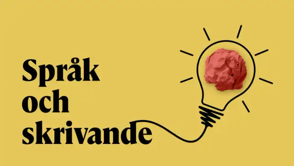 Texten "Språk och skrivande" framför en glödlampa med en röd pappersboll som idé. En kort tankstreck förbinder texten med glödlampan.