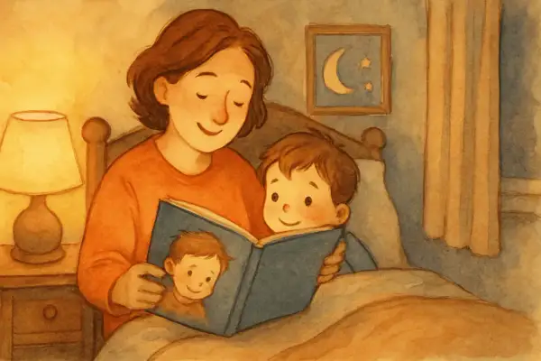 Mamma läser en bok för sitt barn i sängen. Bilden visar hur många ord kan en vuxen lära ett barn.