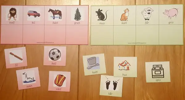 Lär dig svenska rim med bilder på troll, bil, häst, gran, mus, katt, får, gris, fil, boll, svan, väst, hatt, tår, hus och spis.