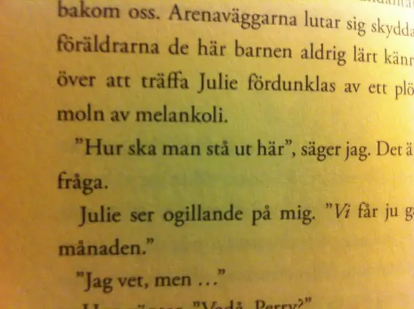 Texten beskriver en känsla av melankoli. "Hur ska man stå ut här", frågar jag. Julie ser ogillande på mig. "Vi får ju gå i månaden." Vad som kommer efter är oklart.